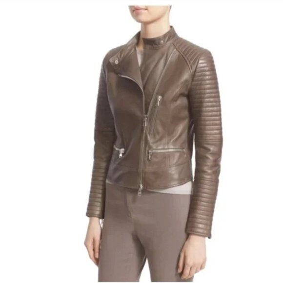 Eleventy Moto Leather Jacket Womens 50 XXL 2XL Gray Brown Asymmetric Motorcycle - Picture 1 of 15